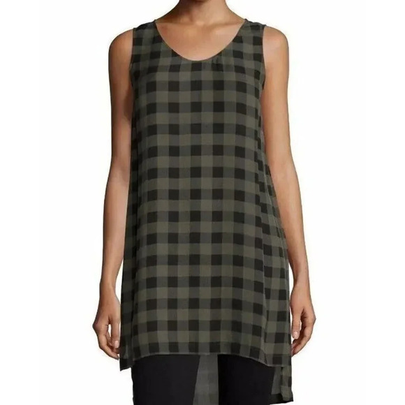 New $238 Eileen Fisher Tunic Dress Sz S/P Black Green Silk Buffalo Plaid Chiffon - Picture 1 of 12